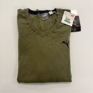 Puma Men’s V-Neck Knit Sweater Deep Lichen Green Stripe Sleeve Size L NWT
